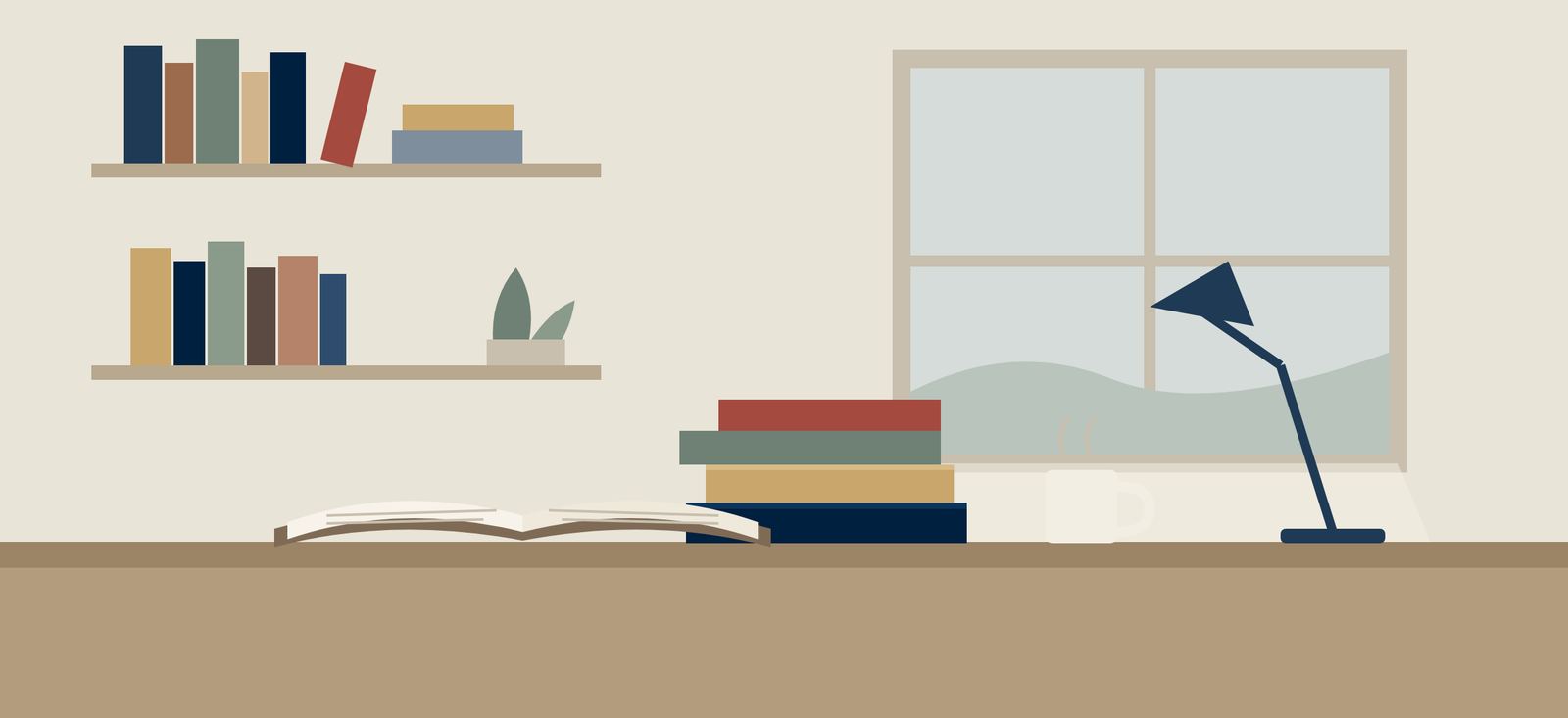 Illustration of a reading desk with stacked books and a lamp